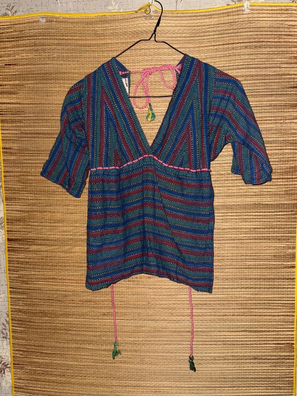 1970s Vintage Backless Cotton Tie Top Blue Pink Made in Pakistan Sm/Med